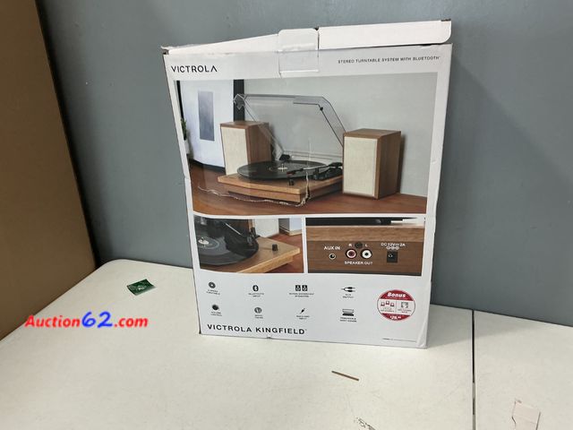 Lot 44-2651w - $179 Retail price - Victrola the Kingfield Bluetooth Record Player Shelf System with Bookshelf Speakers: Belt Drive, 3-Speed, 3.5mm Jack App...