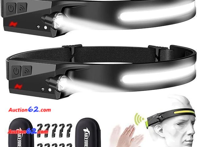 Lot 44-9008i - Pack of (2) Rechargeable Headlamps,High Lumen,8 Hours Battery Life(in Low Lumen),10 Clips and 2 Cases,Waterproof 2.4oz Lightweight,5 Light M...