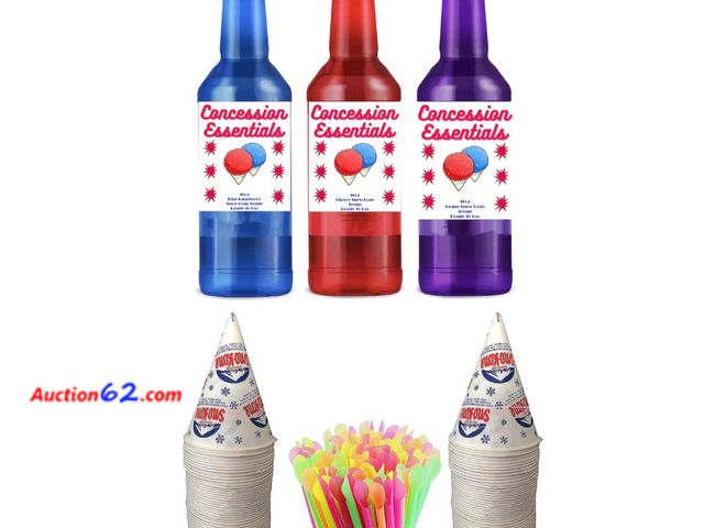 Lot 44-541p - Retail value $25- Snow Cone Syrup Set-3-16oz Bottles, 25 Neon Spoon Straws, 25 Snow Cone Cups-(Blue Raspberry, Cherry &amp; Grape) Appears N...