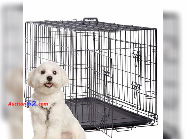 Lot 44-5606M - 24 Inch Dog Cage - Folding Kennel with Metal Wire, Double-Door, Tray, Handle, Divider for Training and Segregation Appears New, A basic insp...