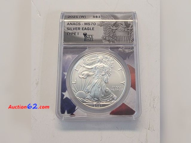 Lot 44-8304x - 2021 TYPE 1 .999 FINE PURE SILVER AMERICAN EAGLE GRADED MS70 (MINT STATE-PERFECT COIN, DOESN'T GET ANY HIGHER!) BY ANACS. THIS COIN REPRESEN...