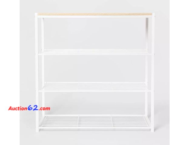 Lot 44-1540w - 4 Tier Shoe Rack White Metal with Natural Wood - Brightroom™ Not Tested See All Photo's Appears New, A basic inspection has been given to th...