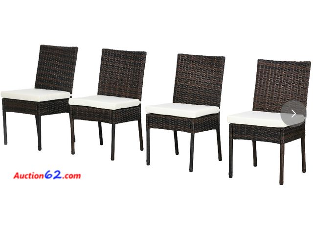 Lot 44-132e - Retail value of $199- Outsunny (4 Piece) Rattan Outdoor Dining Chairs with Cushions, Patio Wicker Dining Chairs with Backrest, White Appears...
