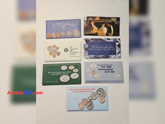 Lot 44-8518i - 7 MINT SET LOT - 1991, 1992, 1993, 1994, 1995, 1997 AND 1998. EACH SET HAS PHILADELPHIA AND DENVER MINT KENNEDY HALF DOLLARS, WASHINGTON QUA...