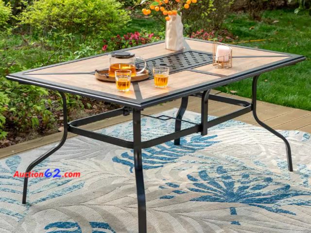 Lot 44-16p - $200 Retail value- Black Geometric Rectangle Metal Patio Outdoor Dining Table with 1.57 in. Umbrella Hole and Wood-Look Tabletop Appears New...