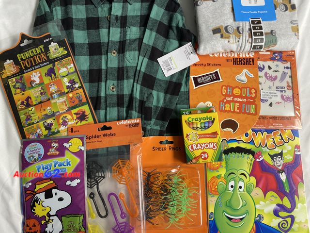 Lot 44-3628m - Jumping Beans 3T flannel shirt. Tag price 16.99. Carter’s 3T fleece footie pajamas. Halloween coloring book and box of 24 Crayola crayons. P...