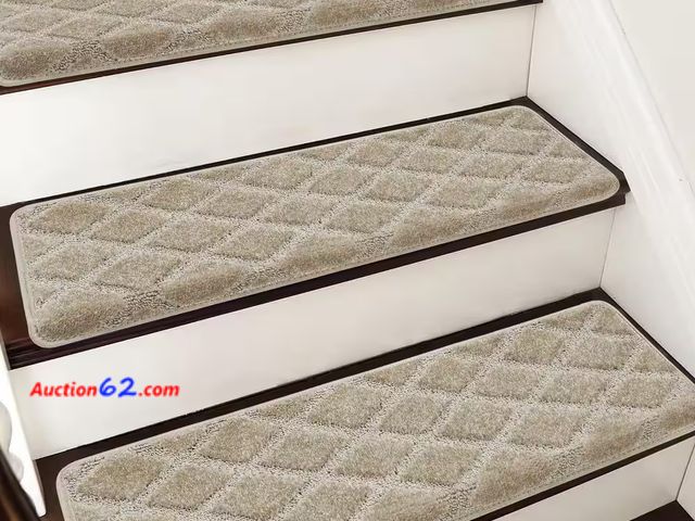 Lot 44-228b - Retail of $120- Diamond Trellis Cream 9.5 in. x 30 in. x 1.2 in. Bullnose Indoor Non-slip Carpet Stair Tread Cover Tape Free (Set of 14) 1. ...