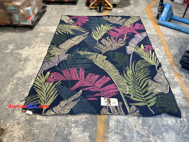 Lot 44-1175p - Retail value $150- Palm and Banana Tropical Outdoor Area Rug Navy Blue - Threshold E-Commerce Return, A basic inspection has been given to t...