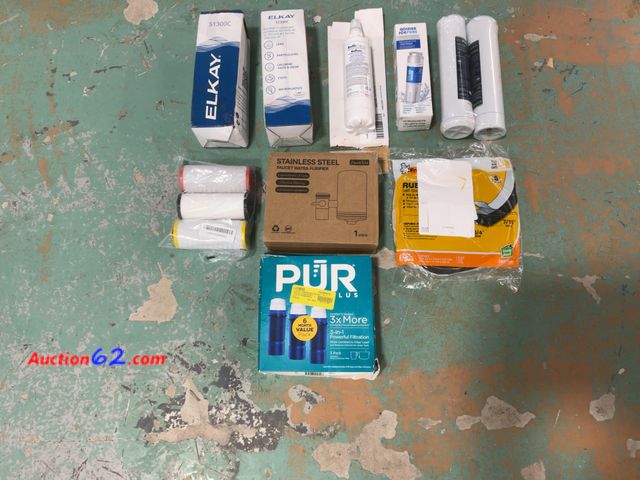 Lot 44-915p - Elkay, PUR, Hoden Assorted Water Filtration Components - Multi-Brand Filter Cartridges and Stainless Steel Dispenser E-Commerce Return, A ba...