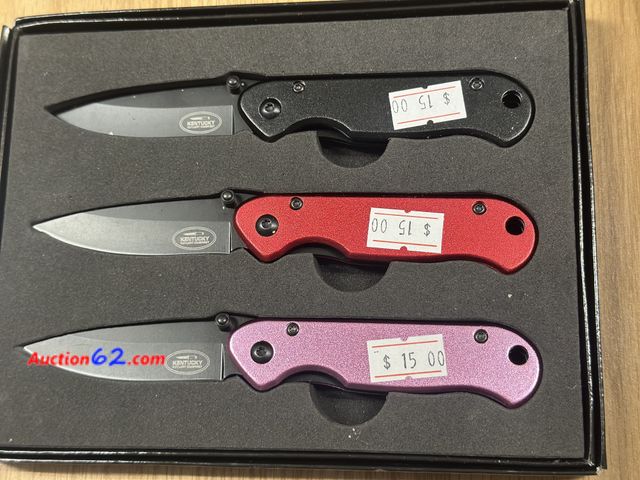 Lot 44-6135q - Set of 3 Kentucky cutlery lock blade knives with belt clips. All have been separately pre tagged $15 from store closing. New  See All Photo'...