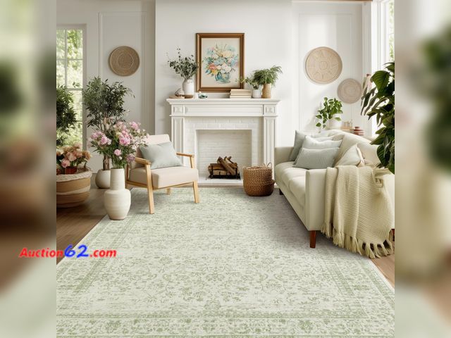 Lot 44-1796a - $139.99 Retail price - BILEEHOME Sage Green Rug for Bedroom,Boho Floral Print Washable Cottage Core 8x10 Area Rugs for Living Room,Light Gre...