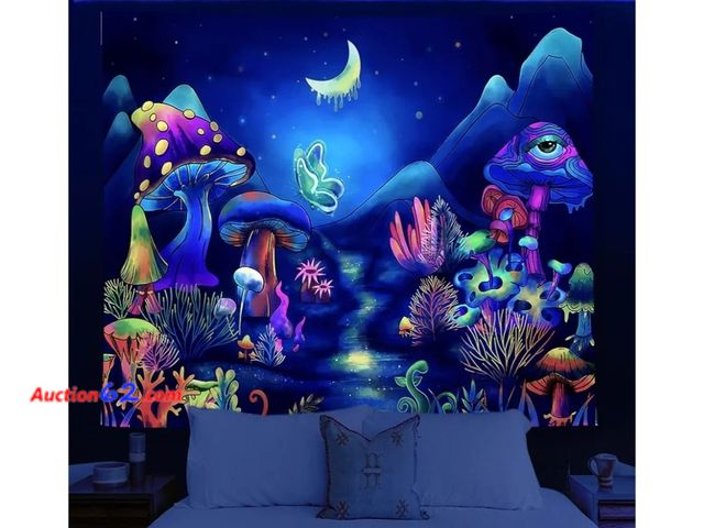 Lot 44-6609g - Wonrizon Blacklight Mushroom Tapestry, Butterfly Forest Tapestries UV Reactive Moon Starry Wall Hanging Glow in the Dark(Mushroom, 70.9”x 94...