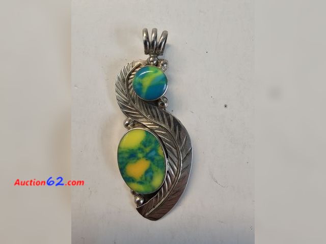 Lot 44-8368w - HUGE .925 STERLING SILVER PENDANT WITH 2 BEAUTIFUL GREEN, YELLOW AND BLUE SWIRLED STONES.-T