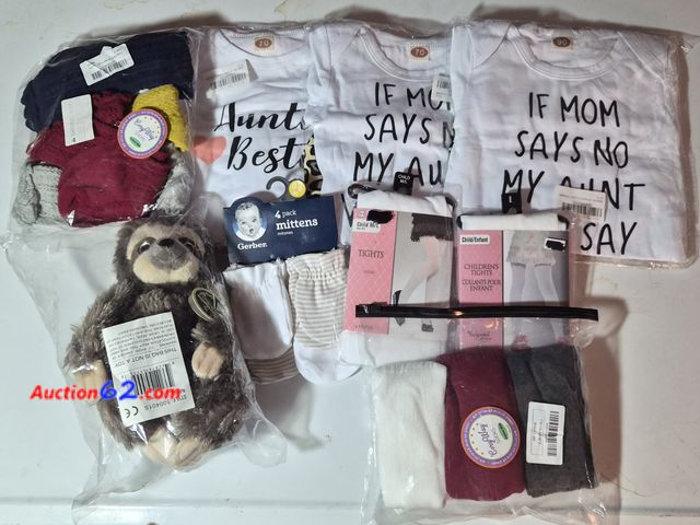 Lot 44-3006e - Lot of Baby and children's clothing items and a stuffed sloth toy - See Pictures for details of what is included Appears New, A basic inspec...