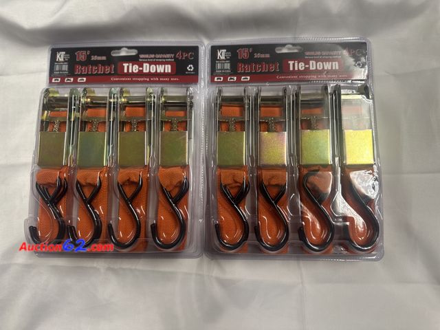 Lot 44-6047g - 2 packs of 4pc ratchet tie downs 1500lbs capacity from kit tools. New. See All Photo's Not Tested Never opened, Factory Sealed