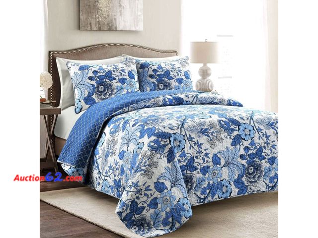 Lot 44-5548w - Lush Decor Sydney Reversible Cotton Quilt Set, 3 Piece Set, King, Navy &amp; White - Cotton Bedding Set - Navy Floral Quilt - Cottage Decor ...