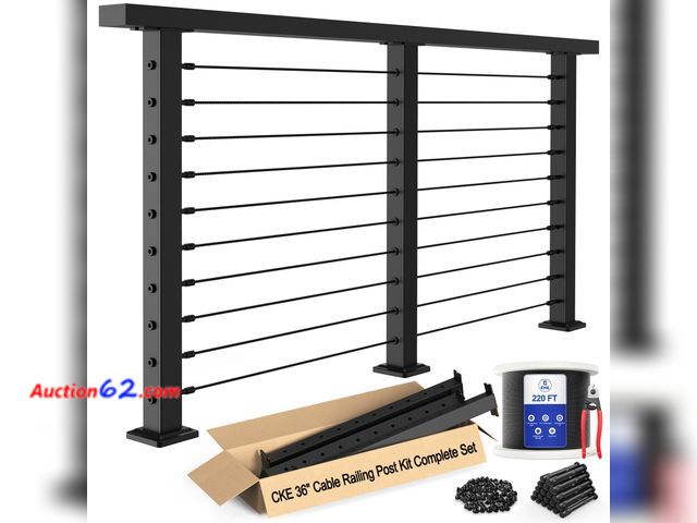 Lot 44-1642e - $229.99 Retail price - CKE 10ft-15ft Complete Set 36" Cable Railing Post Kit, 3Pack Black Level Drilled Line Posts(35"x2"x2"), Swageless Dec...