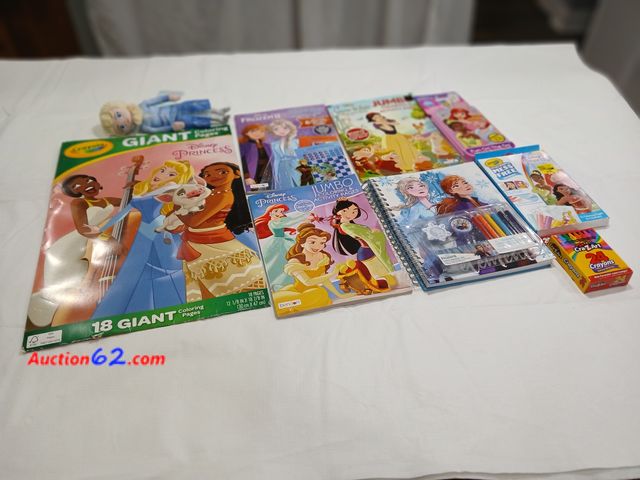 Lot 44-2114w - New 18 page giant coloring pages.  Gently used Elsa doll, measures approximately 10".  Three Princess coloring books.  One box 24 crayons.  ...