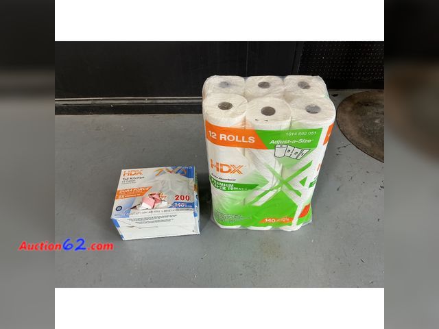 Lot 44-667i - HDX Paper Towels &amp; Tall Kitchen Drawstring Bags - 12 Rolls Paper Towels, 200 Bags See All Photo's E-Commerce Return, A basic inspection ...