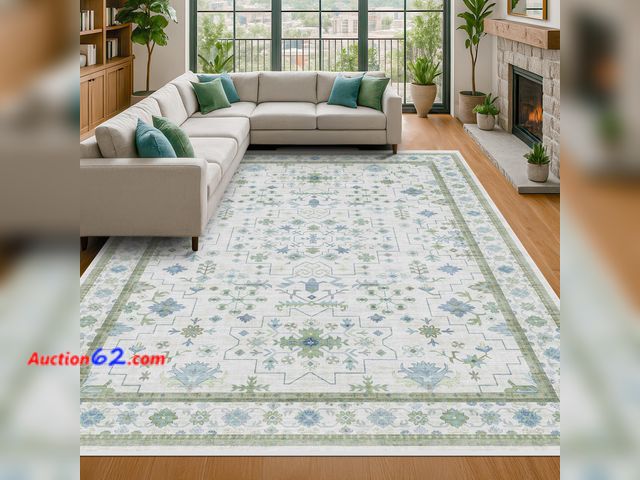 Lot 44-895 - $143.99 Retail price - Hazo Haus Blue and Green Living Room Rug 8x10 - Cream Oushak Vintage Boho Floral Farmhouse, Washable Low Pile Non-Sli...