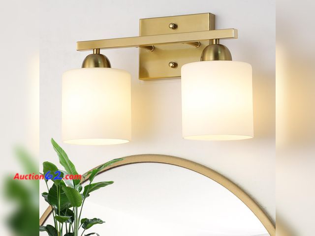 Lot 44-4028a - Mecgirn Stainless Steel Milk Glass Vanity Lights for Bathroom, 2 Light Gold Bathroom Light Fixtures Over Mirror, Ceramic E26 Sockets Wall Mo...