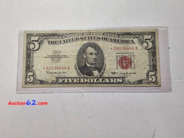 Lot 44-8348i - $5 RED SEAL STAR NOTE LEGAL TENDER. 1963 SERIES. CIRCULATED. A STAR NOTE IS A REPLACEMENT NOTE FOR WHERE AN ERROR OCCURRED IN THE PRINTING. ...