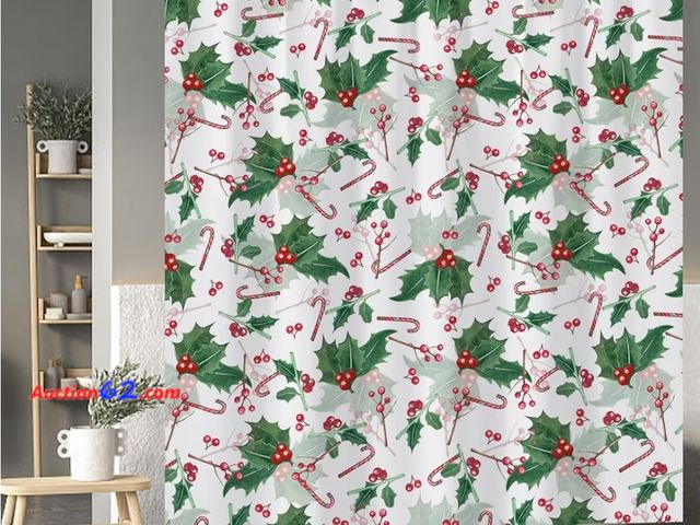 Lot 44-6509w - Baocicoo Merry Christmas Shower Curtain New Year Candy Cane Rustic Mistletoe Durable Fabric Waterproof with Hooks 72x72 Inches Appears New, ...