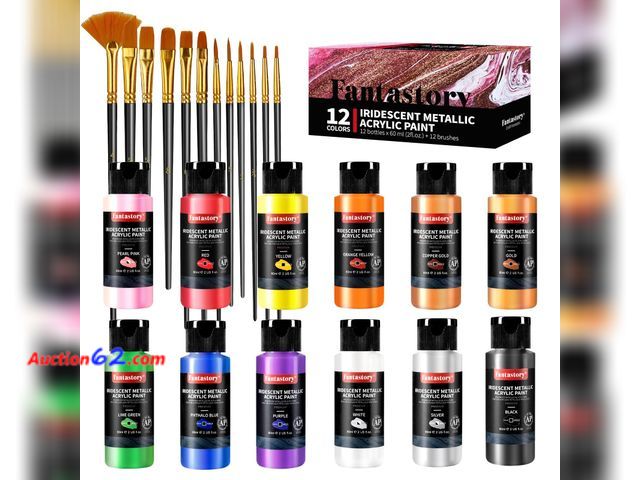 Lot 44-4012e - Fantastory Metallic Iridescent Acrylic Paint Set with 12 Brushes, 12 x 2oz Metallic Colors, Color-Shifting, Craft Paint Kit, Metal/Canvas/Ro...