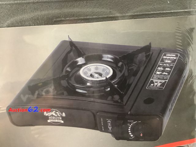 Lot 44-6026e - Horizon Outdoor Supply “Portable Gas Stove”, Automatic Safety Shut-off, Electronic Ignition, Wind resistant Burner, Flame control knob. Appe...