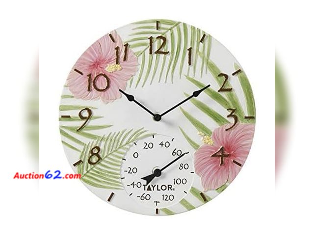 Lot 44-1147i - Taylor Pink Hibiscus Poly Resin Indoor and Outdoor Clock and Thermometer, Home Decor for Garden, Patio, Pool, and Indoor Areas, 14-inch, Mul...