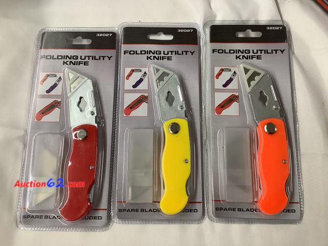 Lot 44-7596p - Lot of 3 new folding utility knives assorted colors. NEW. See All Photo's Not Tested Never opened, Factory Sealed