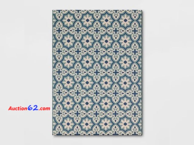 Lot 44-204b - Threshold Tonal Tile Outdoor Area Rug, 5x7 ft, Blue Appears New, A basic inspection has been given to this item. Sold AS-IS.