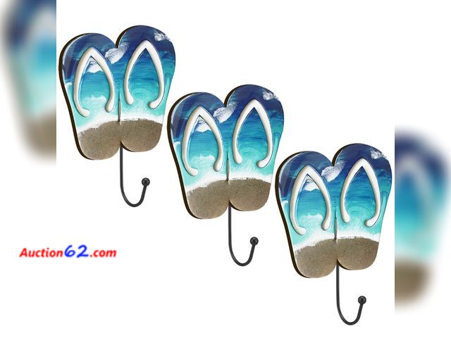 Lot 44-2618f - Novabright 3 Pcs Flip Flops Wall Hooks Wooden Summer Coastal Decor Beach Theme Towel Hooks for Hanging Coat Wall Mounted Decorative Rack Han...