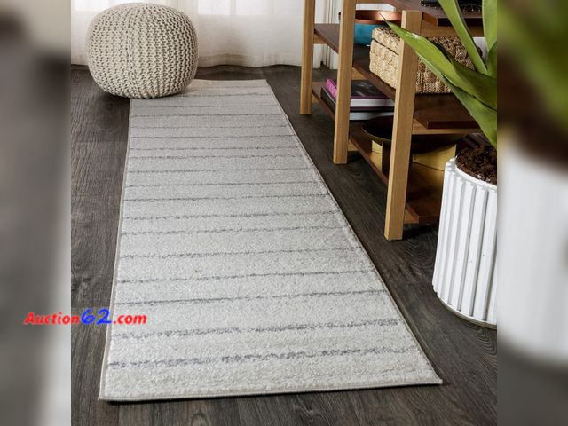 Lot 44-213a - JONATHAN Y Williamsburg Minimalist Stripe Cream/Gray Runner Rug, 2x8, Contemporary, Modern, Easy-Cleaning for Living Room, Bedroom, Kitchen,...