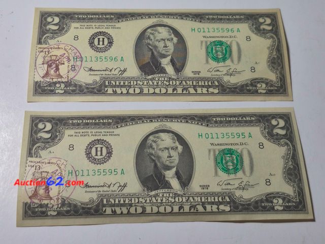 Lot 44-8317J - TWO (2) CONSECUTIVE 1976 $2 BILLS POSTMARKED WITH 13 CENT LIBERTY BELL STAMPS.-NT