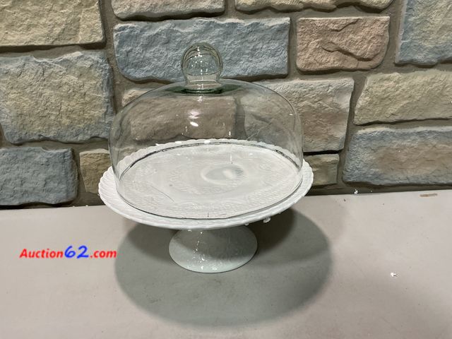 Lot 44-1854e - Jusalpha® 12 Inches White Porcelain Decorative Cake Stand-Cupcake Stand (CS01 - Glass Dome) E-Commerce Return, A basic inspection has been g...