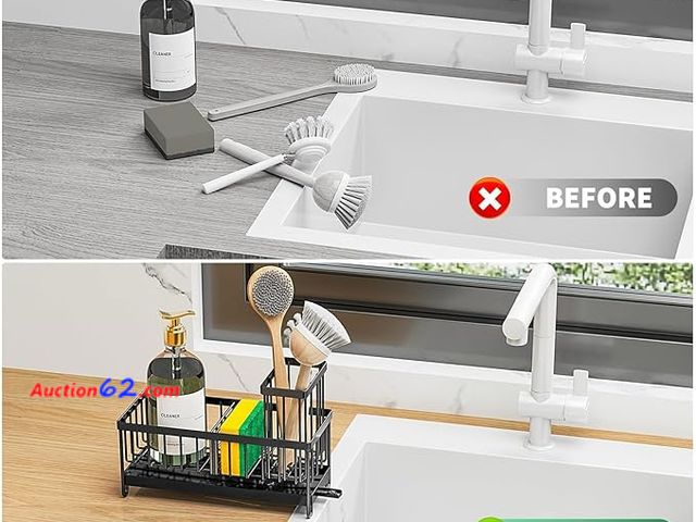 Lot 44-5311g - Sponge Holder for Kitchen Sink, Stainless Steel Sink Caddy Kitchen Sink Organizer with Brush Holder. Black. E-Commerce Return, A basic inspe...
