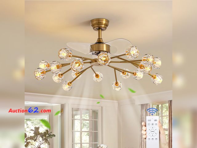 Lot 44-409 - $358.99 Retail price - Siljoy 18 Lights Modern Crystal Ceiling Fan Light and Remote Control, Farmhouse Brass Gold Sputnik Crystal Fandelier,...