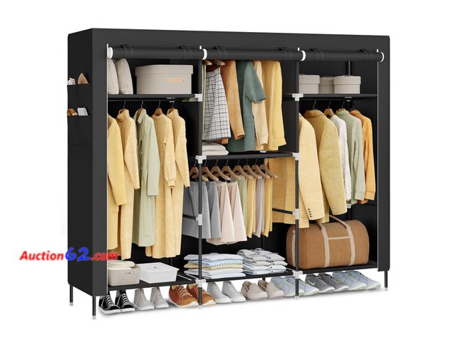 Lot 44-5525o - SONGMICS Portable Closet, Fabric Wardrobe, Clothes Rack with Shelves, Pockets, Large Capacity, 4 Hanging Rods, 74.4 x 17.7 x 70.9 Inches, Bl...