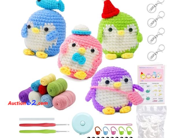 Lot 44-6519b - KAPUNOS Crochet Starter Kit for Beginners - 4 Color Penguin Animals with Yarn, Crochet Hook, Detailed Instructions Appears New