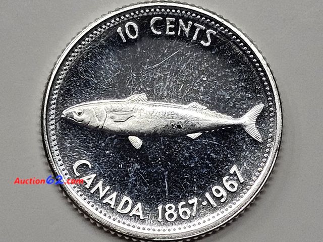 Lot 44-8328q - 1967 CANADIAN SILVER CENTENNIAL SILVER MACKAREL DIME. BRILLIANT UNCIRCULATED.-T