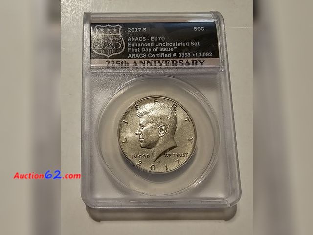 Lot 44-8354w - 2017-S ENHANCED UNCIRCULATED KENNEDY CLAD HALF DOLLAR ANACS GRADED EU70. A PERFECT COIN! THEY DON'T GRADE ANY HIGHER. THIS IS ALSO FIRST DAY...