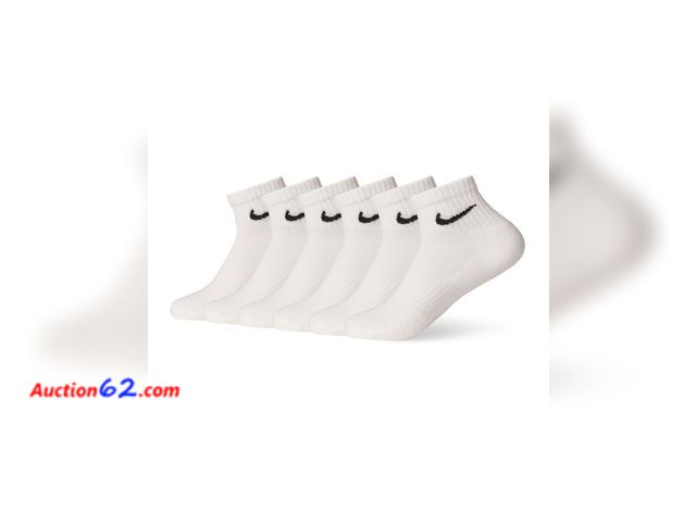 Lot 44-5613M - Nike Unisex Everyday Cushioned Training Ankle Socks (6 Pairs), White/Black, Small Appears New, A basic inspection has been given to this ite...