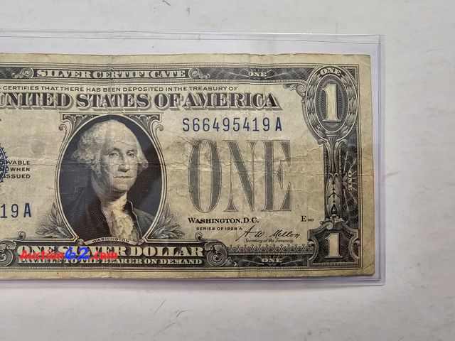 Lot 44-8334u - 1928A $1 FUNNYBACK SILVER CERTIFICATE. CIRCULATED. THESE NOTES WERE NICKNAMED "FUNNYBACKS" BECAUSE THE PUBLIC BELIEVED THAT THE REVERSES LOO...