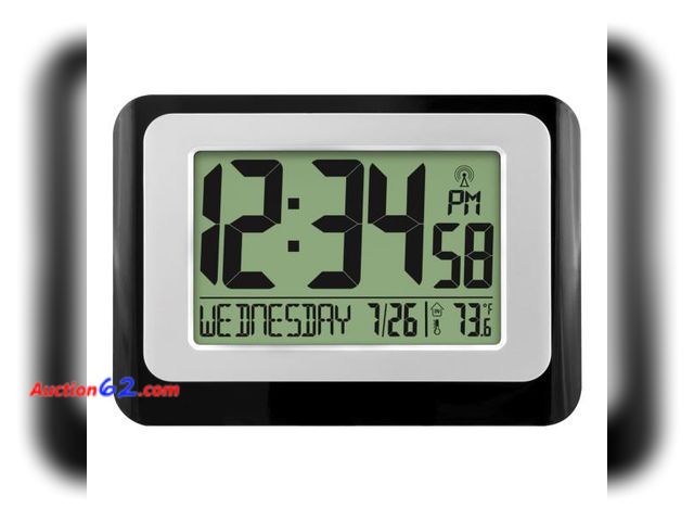 Lot 44-184b - La Crosse Technology W88631 Digital Atomic Black Wall Clock with Temperature - 1. Appears New, A basic inspection has been given to this ite...