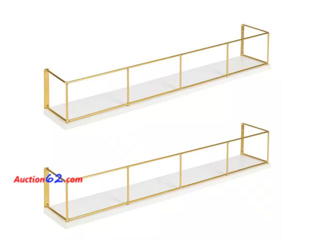 Lot 44-271b - Retail of $46- Benbrook 4 in. x 24 in. x 4 in. White/Gold Wood Decorative Wall Shelf 2. E-Commerce Return, A basic inspection has been given...
