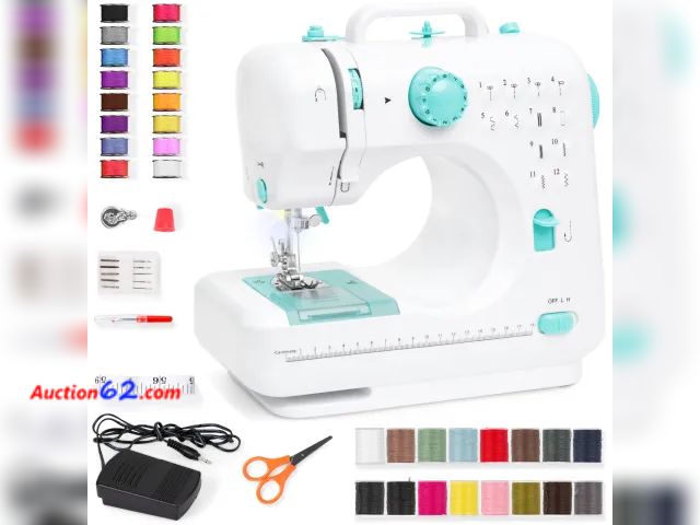 Lot 44-3010b - 6V Portable Foot Pedal Sewing Machine w/ 12 Stitch Patterns - BCP Products SKY6104 - Teal - Ecommerce Return - See Pictures 2. E-Commerce Re...