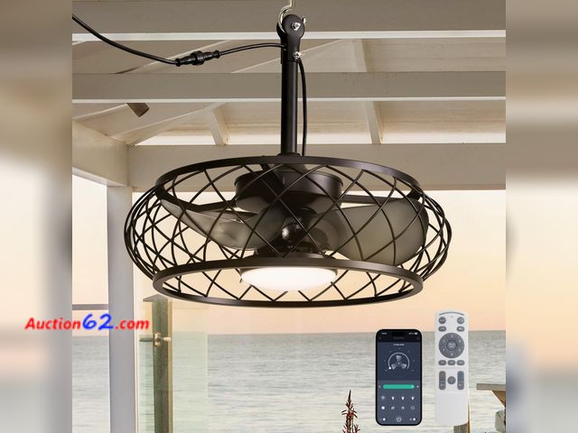 Lot 44-1170o - $115.99 Retail price - CROSSIO 20'' Outdoor Ceiling Fan with Lights Remote Control, Outdoor Ceiling Fans with Hanging Hook, Dimmable Caged I...