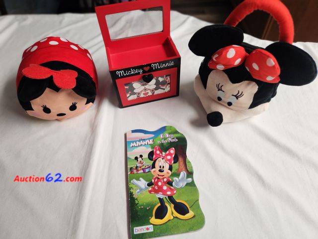 Lot 44-2028i - 1 Minnie Mouse plush little girls purse. 1 Disney Minnie Mouse plush animal. 1Mickey/Minnie storage box. 1 Minnie Mouse book. All items gent...