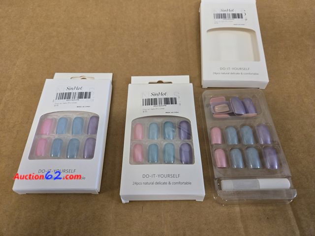 Lot 44-6660g - Lot of 3 SINHOT Press on Nails Medium Round Fake Nails Chrome Acrylic Nails Glossy Glue on Nails Color Aurora Oval Artificial Nails Stick on...